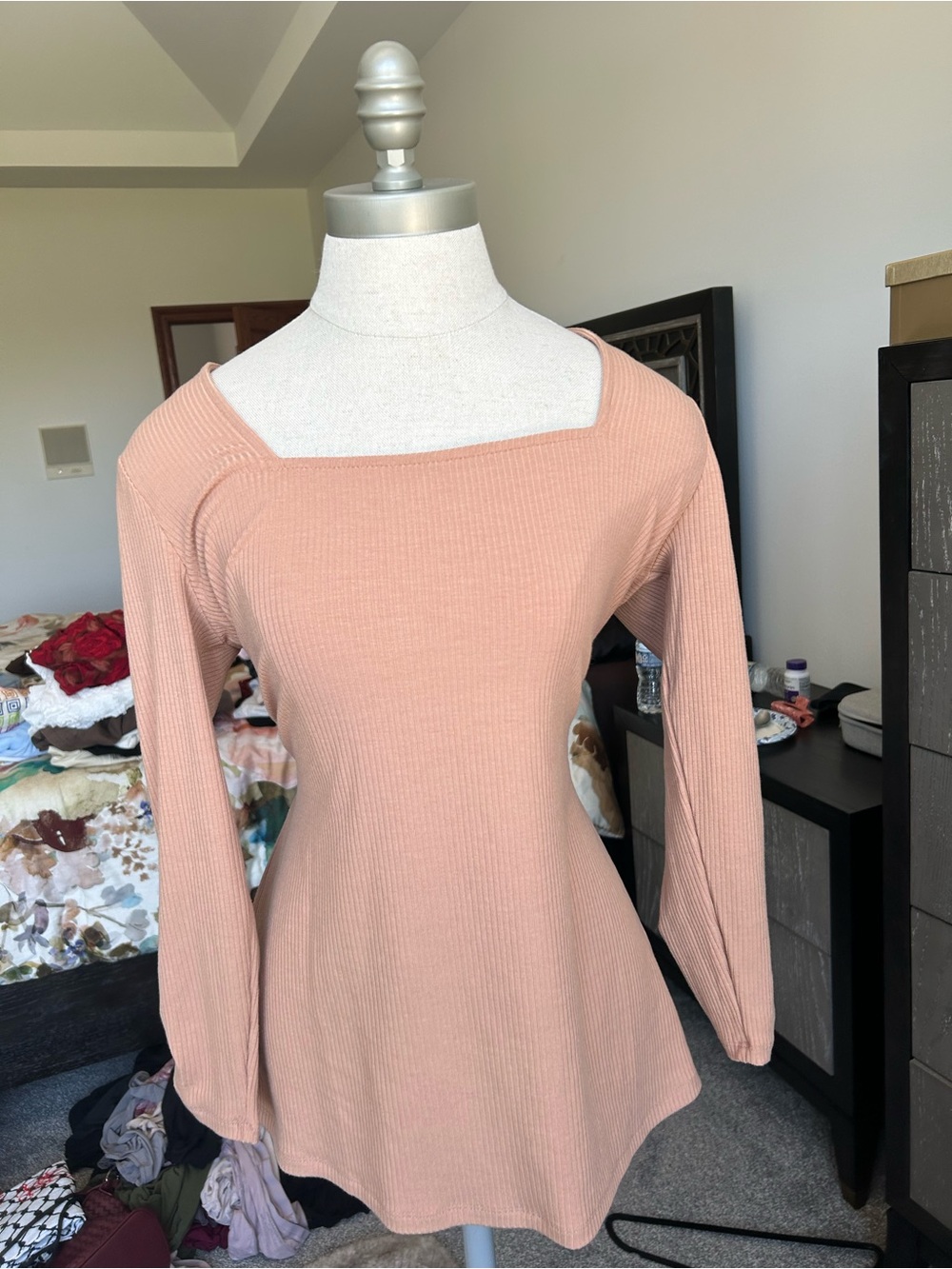 Colleen Lopez Ribbed Square-Neck Long Sleeve Top - Dusty Rose